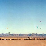 01 View of the cars and kites from a distance at the 1st ever Buggy Boogy Thang- Jan. 1994-at Lake Ivanpah, CA